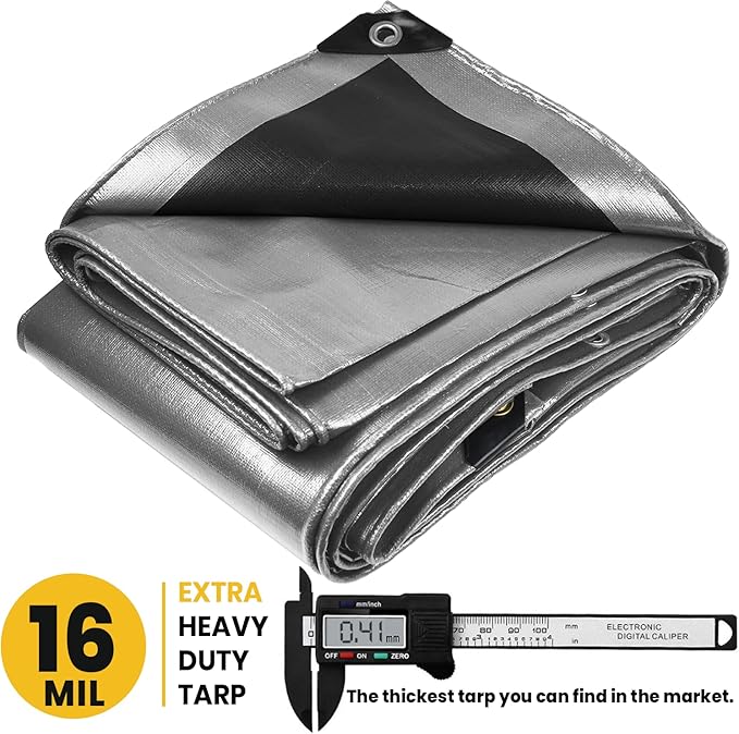 PROTARP Extra Heavy Duty 16 Mil Tarp Cover, Waterproof, UV Resistant, Rip and Tear Proof, Poly Tarpaulin with Reinforced Edges for Roof, Camping, Patio, Pool, Boat. (Silver/Black 25′ X 45′)