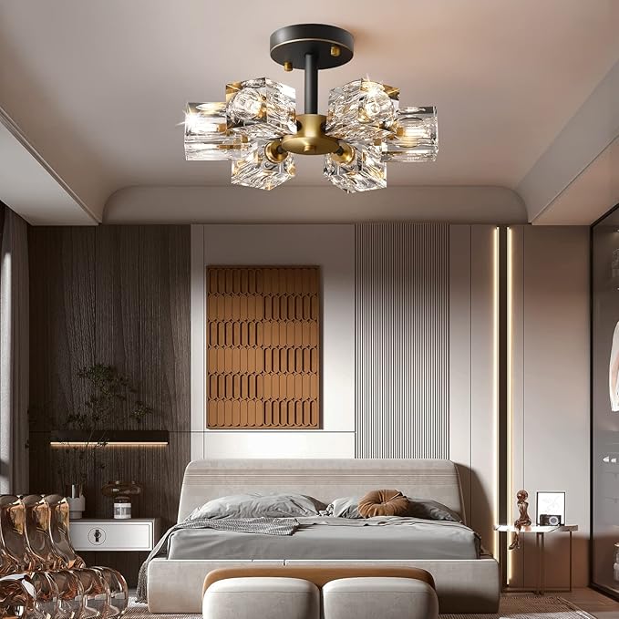 Semi Flush Mount Ceiling Light, 13inch Modern Black and Gold Crystal Chandeliers