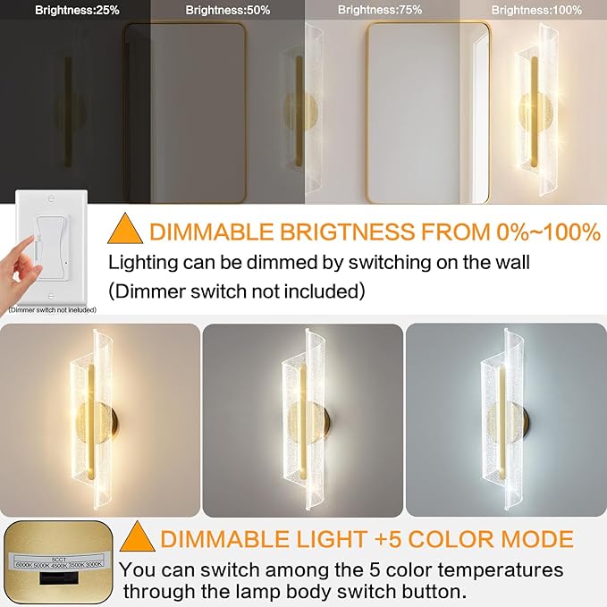 Modern Gold Wall Sconces 19.7in Sconces Wall Lighting Dimmable LED Wall Lights