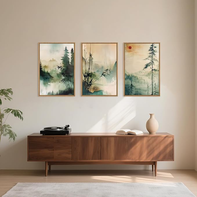 Chinoiserie Nature Framed Canvas Wall Art Set, Mountain and Forest Landscape Painting, Natural Bamboo Pine Tree Lakes Wall Decor for Living Room, Bedroom, Dining Room, Office - 16"x24"x3