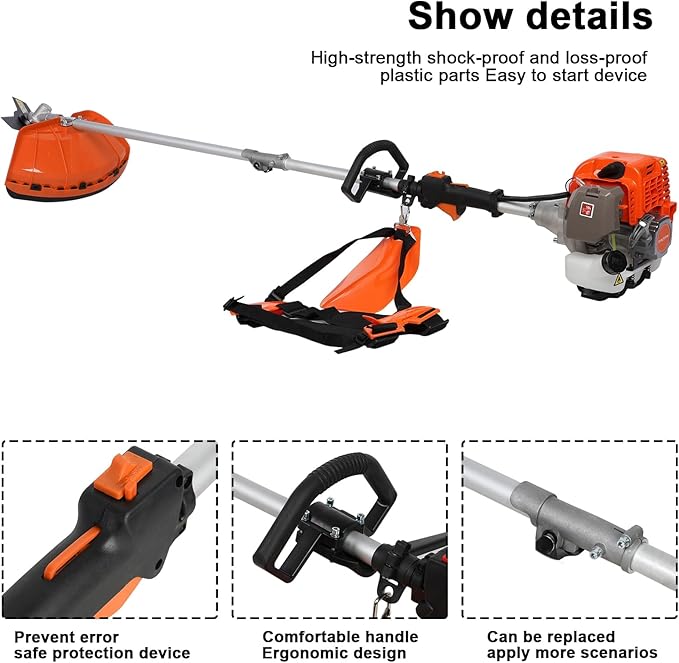 Gas Weed Eater, 52cc 2 Stroke Weed Wacker 6 in 1 Lawn Mover Include String Trimmer Brush Cutter Pole Saw Hedge Trimmer for Yard Garden Care 9500rpm 3000r/min Engine Speed 120cc Oil Tank Orange