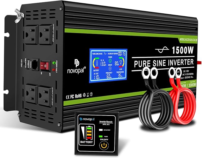 Novopal 1500 watt Pure Sine Wave Power Inverter DC 12V to 110V/120V Converter 4 AC Outlets Car Inverters with USB Port 16.4 Feet Remote Control and LCD Display