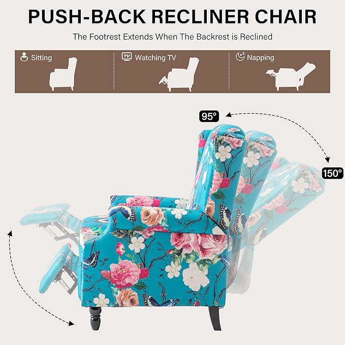 UIXE Floral Pushback Recliner Chair, Fabric Upholstered Armchair Push Back Accent Chair for Living Room, Rivet Trim Club Chair Home Theater Single Sofa Reading Seat - Peacock Blue