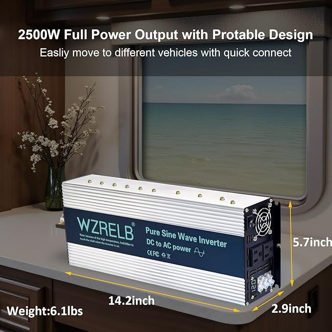 WZRELB 3000W Pure Sine Wave Inverter, Car Power Inverter 48V DC to 110V 120V AC Converter for RV, Truck, Solar, Outdoor with Dual AC Outlets, Hardwire Port, Surge 6000W, LED Display,Off-Grid