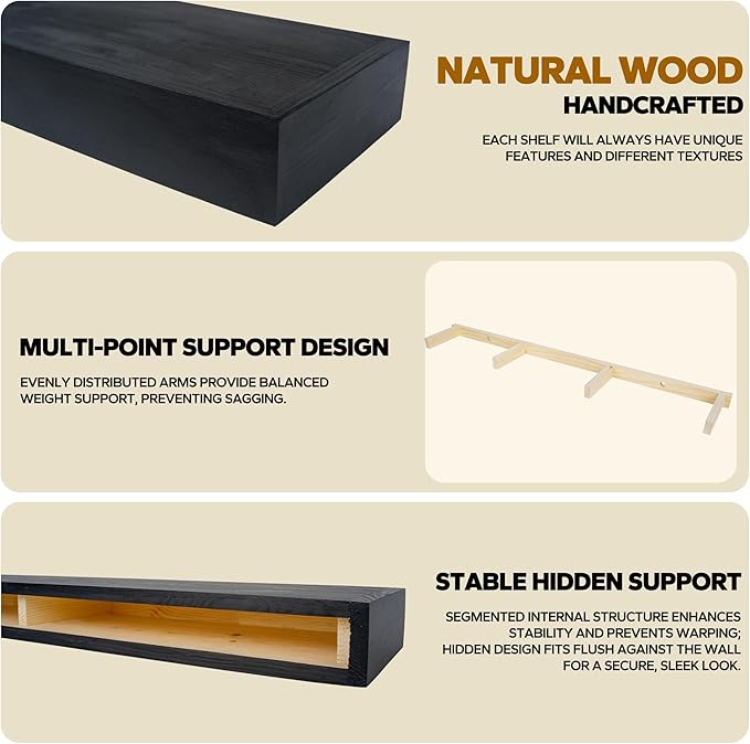 Floating Shelves 3 inch Thick for Wall Set of 2,Solid Pine Wood Wall Mount Shelf for Kitchen Living Room Bedroom Bathroom,8" D x 48" L x 3" H-Black