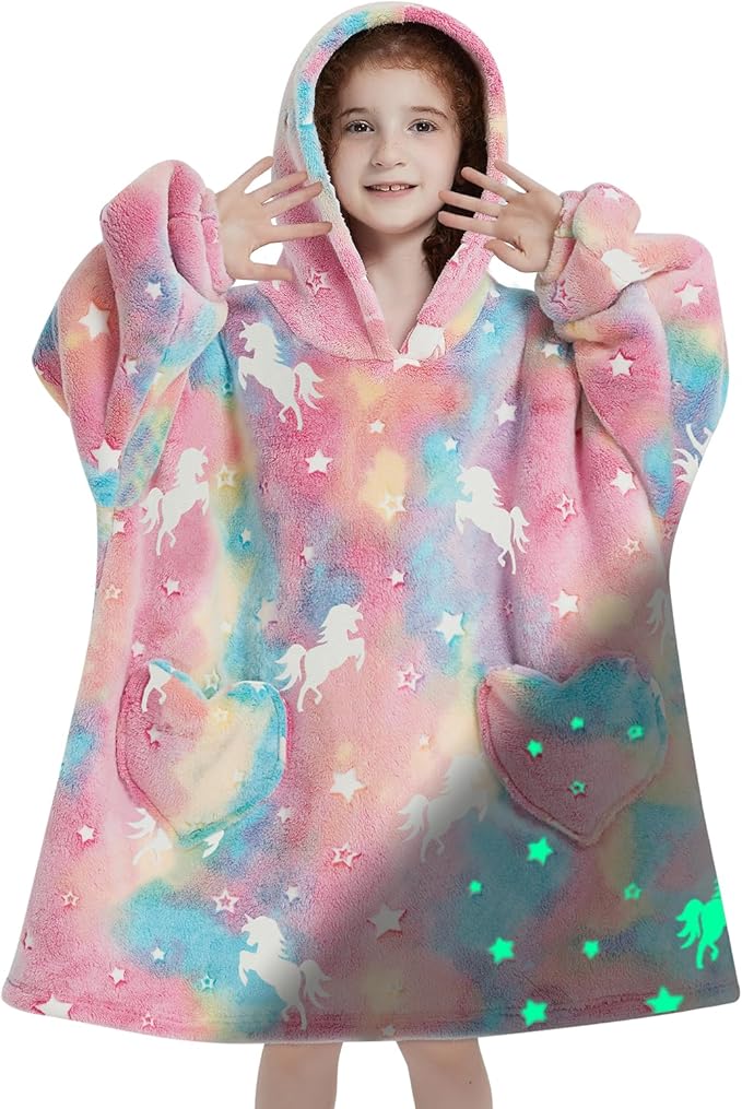 Fiosnow Glow in the Dark Unicorn Blanket Hoodies for Kids 6-13YR Oversize Wearable Blanket Hoodies for Boys Girls Teens