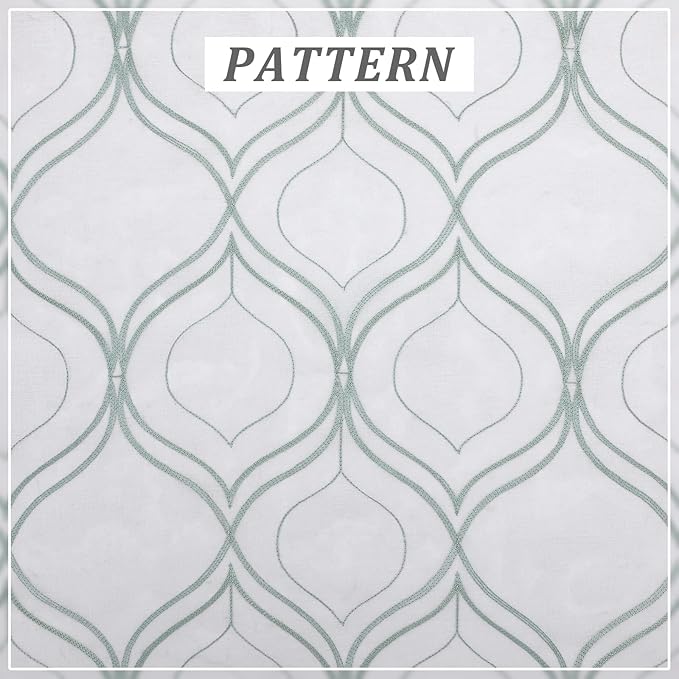 VISIONTEX White Sheer Curtains 63 Inch Length 2 Panels Set Green Moroccan Embroidered Curtains Trellis French Textured Rod Pocket Voile Tulle Semi Window Drapes for Bedroom Living Room 54 x 63 Inches