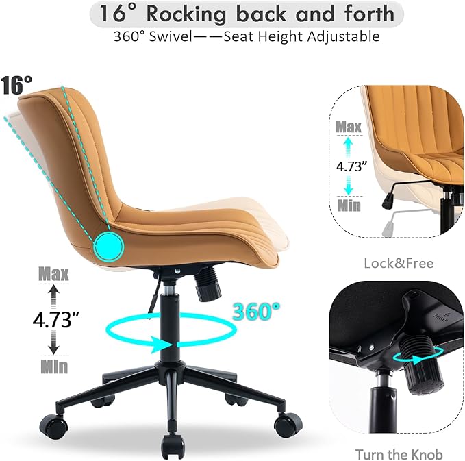 YOUNIKE Ergonomic Home Office Desk Chair with Wheels Comfy Armless Criss Cross Chair with Back Adjustable Height Modern Leather Upholstered Swivel Vanity Chair Small Cute Rolling Task Chair Tan