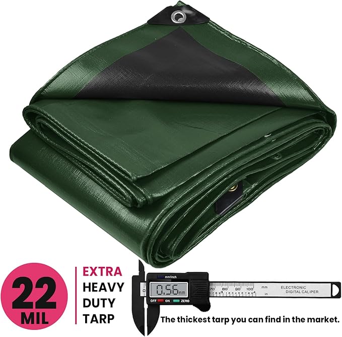 PROTARP Extreme Heavy Duty 22 Mil Tarp Cover, Waterproof, UV Resistant, Rip and Tear Proof, Poly Tarpaulin with Reinforced Edges for Roof, Camping, Patio, Pool, Boat. (Green/Black 30′ X 70′)