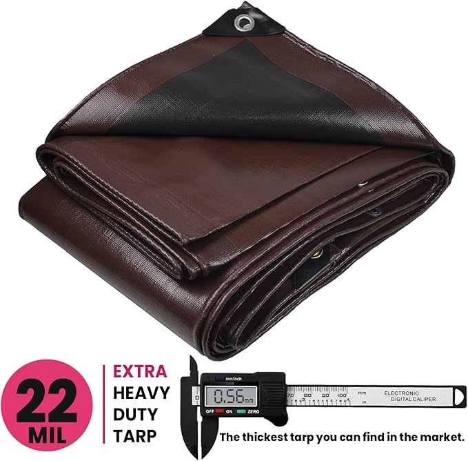 PROTARP Extreme Heavy Duty 22 Mil Tarp Cover, Waterproof, UV Resistant, Rip and Tear Proof, Poly Tarpaulin with Reinforced Edges for Roof, Camping, Patio, Pool, Boat. (Brown/Black 24′ X 64′)