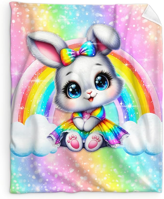 Blanket for Girls, Bunny Throw for Kids Teens Rabbit Lovers 60x80 Inches Lightweight Soft Cute Rainbow Print Throw Blankets for Sofa Couch Living Room Bed