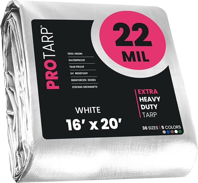 PROTARP Extreme Heavy Duty 22 Mil Tarp Cover, Waterproof, UV Resistant, Rip and Tear Proof, Poly Tarpaulin with Reinforced Edges for Roof, Camping, Patio, Pool, Boat. (White 16′ X 20′)