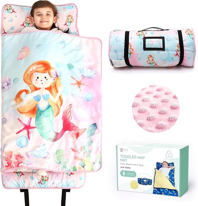 ACRABROS Toddler Nap Mat with Pillow and Blanket, Extra Large Rolled Napping Mats,Slumber Bags for Boys Girls,Kids Sleeping Bag for Daycare, Preschool Travel Camping, Shell Mermaid