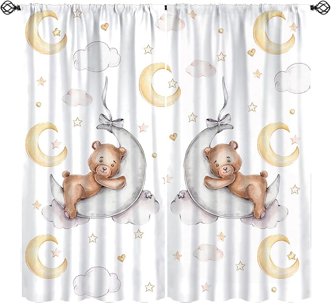 Cartoon Bear Curtains, Cartoon Watercolor Lovely Bear Moon Stars Printed Blackout Window Treatments, Rod Pocket Thermal Insulated Drapes 2 Panel Sets for Kids Bedroom Nursery Classroom, 84"W X 84"L
