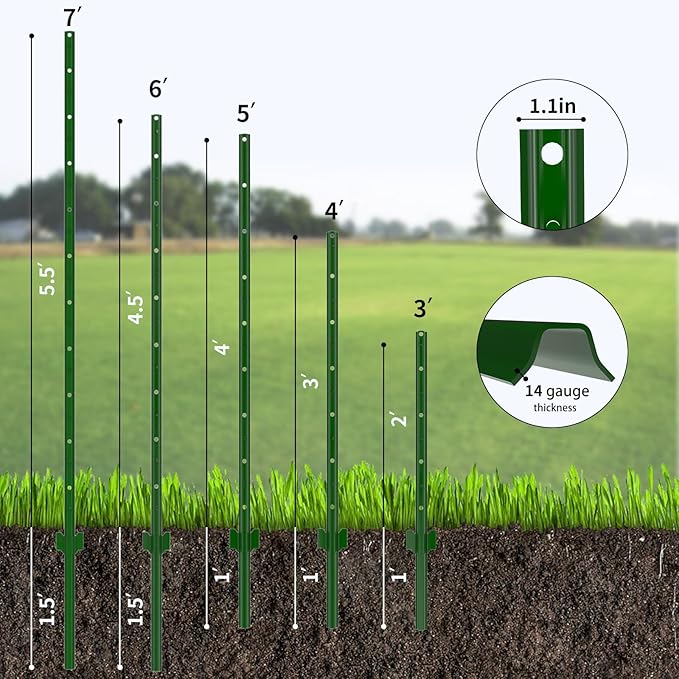 Fence Posts 4 Feet, Pack of 10, 3-4-5-6-7Ft Heavy Duty Garden Metal Steel Fence Post with U-Channel, No Dig Steel U Post Fencing for Lawn, Garden