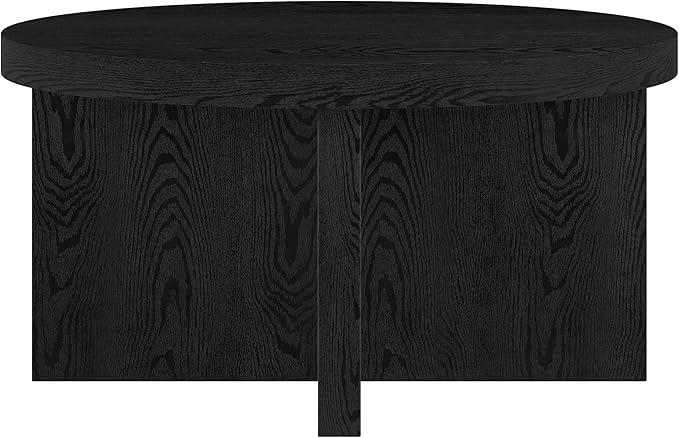 Henn&Hart 33" Round Wood Pedestal Low-Profile Coffee Table for Living Room, Family Room, Office or Apartment, Black Grain