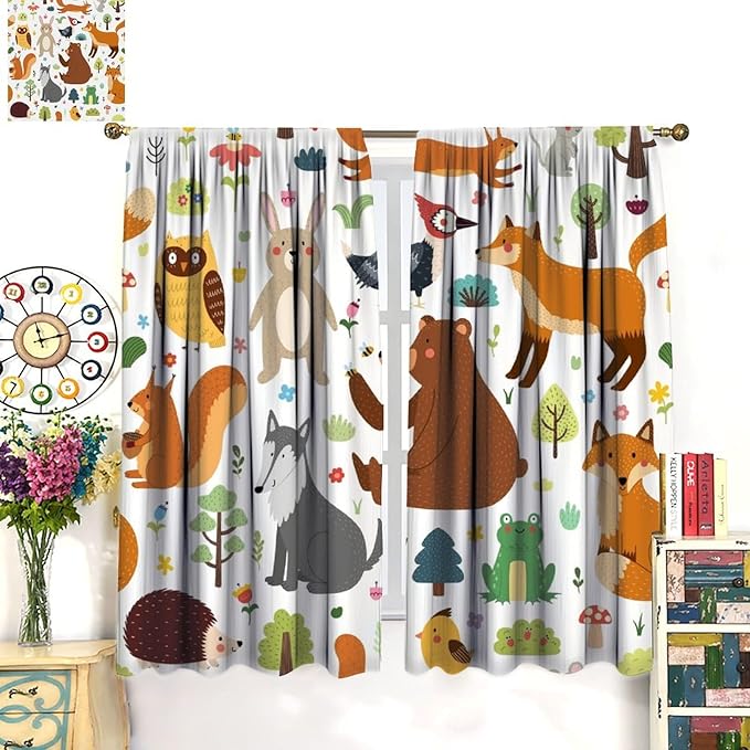 Kids Safari Animals Curtains, Baby Boy Girl Rustic Woodland Printed Cartoon Forest Window Treatments for Bedroom Living Room Nursery 2 Panels Sets, 42x45 Inch