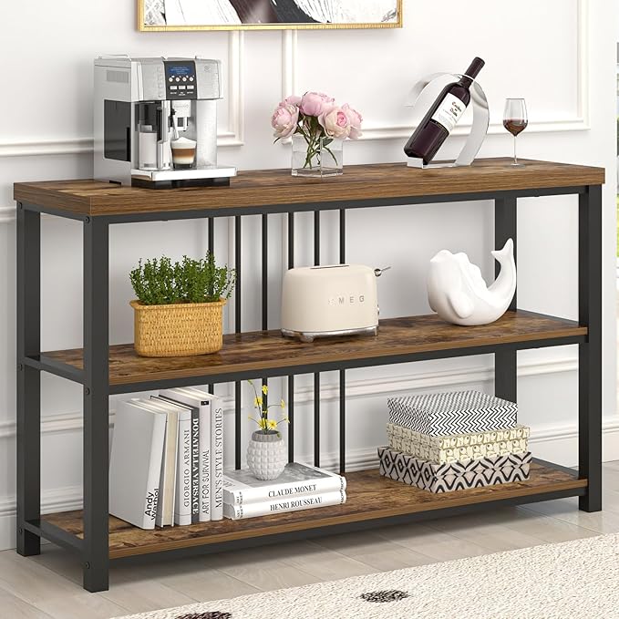 FOLUBAN Industrial Console Table, 3 Tier Entryway Table, Sofa Foyer Table for Living Room Hallway Behind Couch, Rustic Brown