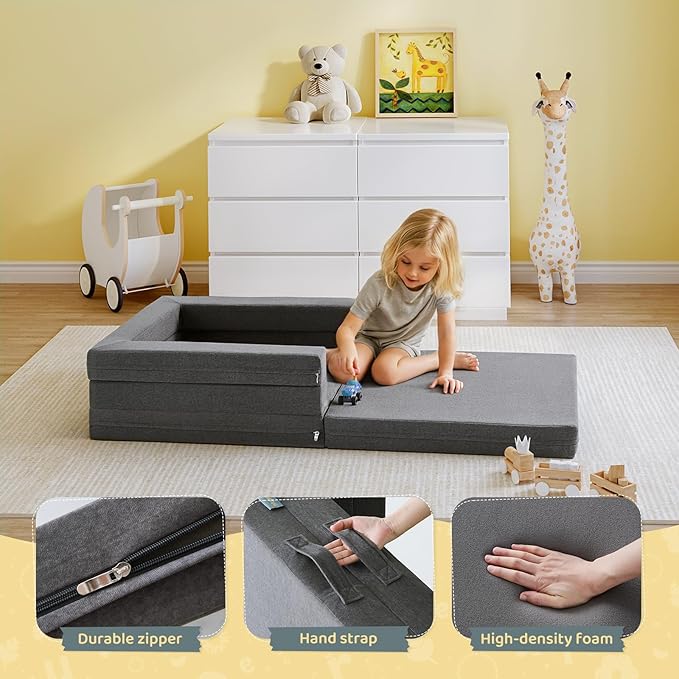Travel Toddler Bed, 3-in-1 Convertible Sofa Bed for Toddler Portable Floor Beds, Flip Open Sofa Lounger for Girls and Boys, Made with High-Density Foam and Washable Cover,Gray