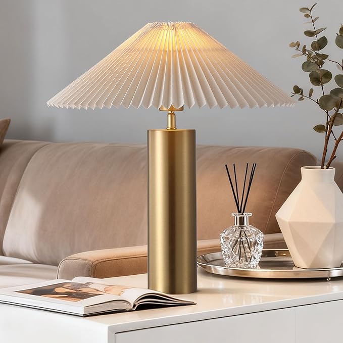 Modern Table Lamp with Metal Blade Lampshade and Cylindrical Base, E26 Bulb