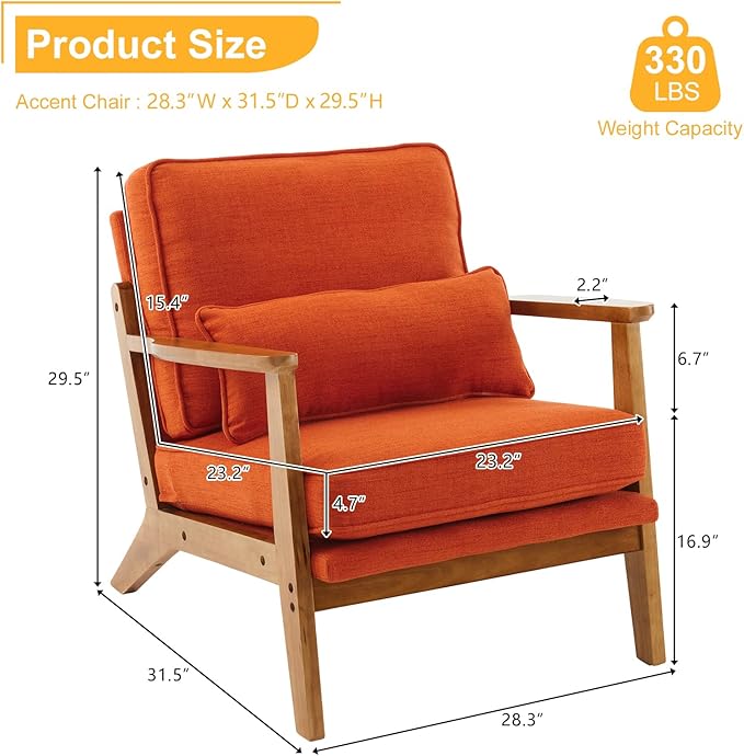 Karl home Accent Chair Wide Armrest Mid-Century Lounge Chair Linen Fabric Armchair with Lumbar Pillow & Solid Wood Frame for Living Room, Bedroom, Balcony, Burnt Orange