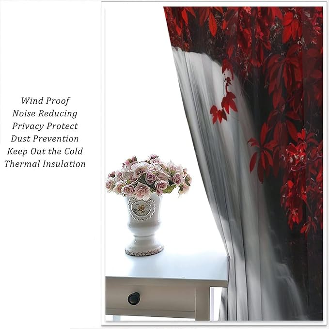Red Forest Waterfall Blackout Windows Curtains, Waterfall Red Forest Black and Red Natural Landscape Print Window, for Living Room Bedroom 42x45in 2 Panels