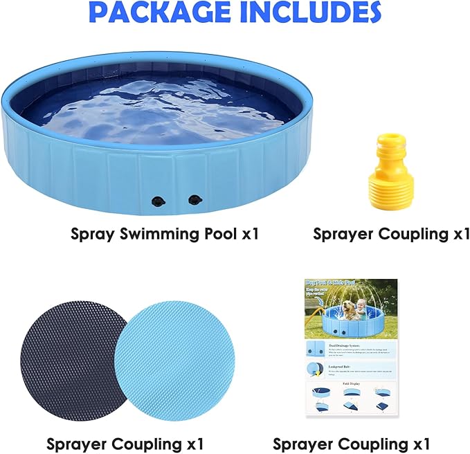 87" Large Dog Pool with Sprinkler, 2-in-1 Foldable Swimming Pool Non-Slip Hard Plastic Splash Sprinkler Kiddie Pool for Outdoor Backyard Kids Dogs Ducks and Pet Baths