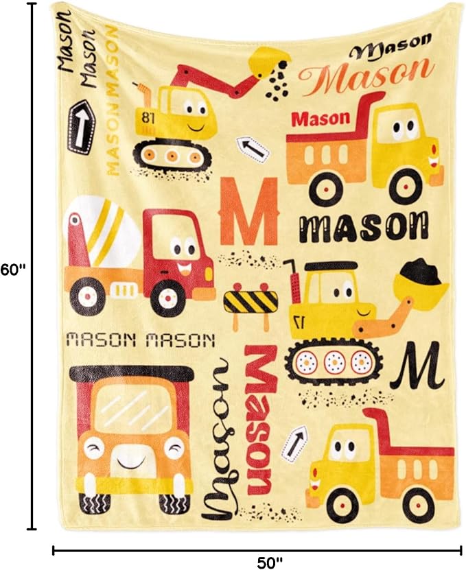 Personalized Construction Blanket for Boys Girls with Name, Custom Name Blanket Construction Vehicles, Soft Flannel Teen Blankets Customized Gift for Birthday Christmas-50x60in
