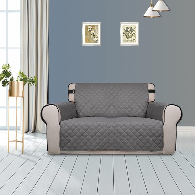 PureFit Reversible Sofa Cover Water Resistant Loveseat Couch Cover, Machine Washable Furniture Cover with Non-Slip Foam and Adjustable Strap for Dogs, Pets (Loveseat, Gray/Light Gray)