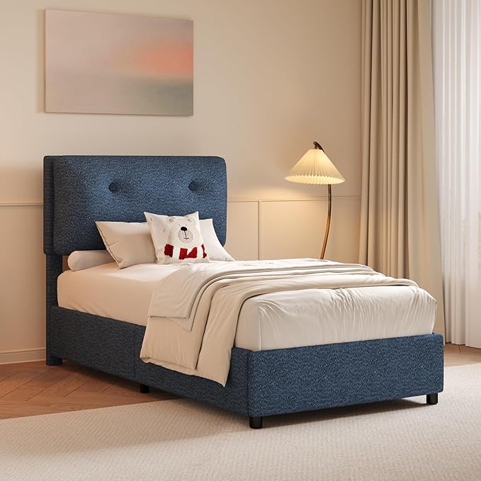 Twin Bed Frames,Breathable Boucle Fabric Upholstered Bed Frame Twin with Headboard,Removable and Washable,Wood Slat Support,No Box Spring Needed,Easy Assembly,Cama Individual,Navy Blue