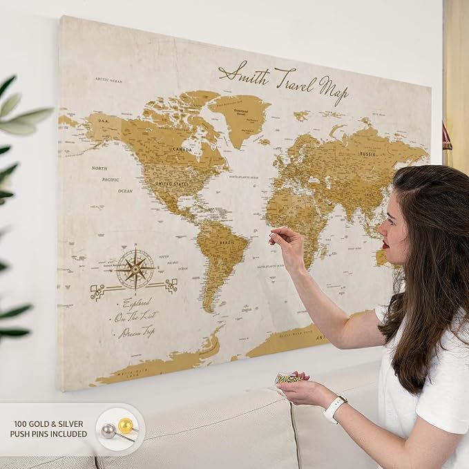 ElephantStock - Personalized Travel Push Pin World Map Wall Art - Horizontal Canvas Wall Art - Living Room Wall Decor - Digital Art Map Canvas Art - Orange And Beige Decor - 51" x 34"