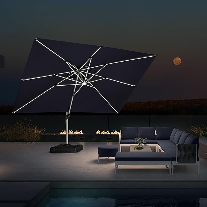 PURPLE LEAF 10' X 13' Double Top Deluxe Solar Powered LED Rectangle Patio Umbrella Offset Hanging Umbrella Outdoor Cantilever Umbrella, Navy Blue