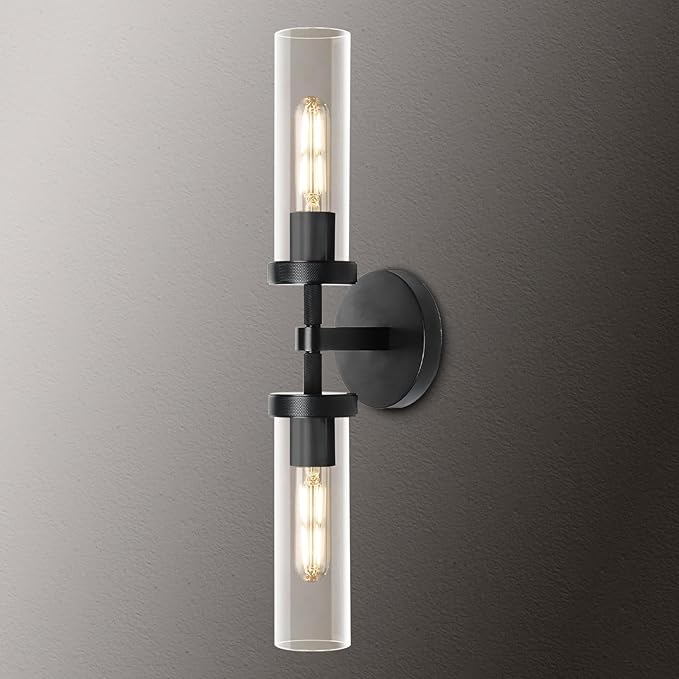 2-Light Black Knurled Wall Sconces, Glass Sconces Wall Lighting Indoor