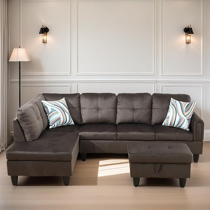 L Shaped Sectional Couches for Living Room, Modern Modular Sectional Sofa with Ottoman Storage, Comfy L Shaped Couch with Chaise for Bedroom Apartment Furniture, Coffee