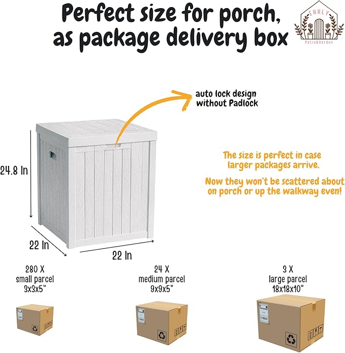 Deck Box, 51 Gallon Front Porch Package Bin Delivery Box for Outside, Small Patio Outdoor Storage Boxes Waterproof, UV Resistant Plastic Resin Pool Storage Bins with lids, White