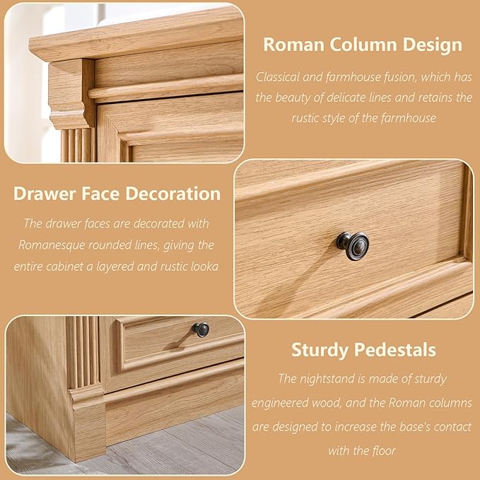 26" Tall 2 Drawers Dresser for Bedroom, Farmhouse 23.6" Wide Large Nightstand with Charging Station, Wood Rustic Side Table w/Roman Column, End Table for Bedroom, Living Room, Natrual