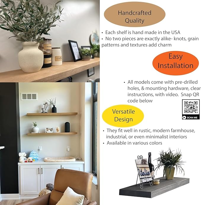 joelsantiques 36 Inch Wooden Floating Shelves for Wall - 36x6x2 in - Made of Natural Wood - Long Heavy Duty Rustic Wall Shelves for Bedroom - Perfect for Living Room, Kitchen - Mocha
