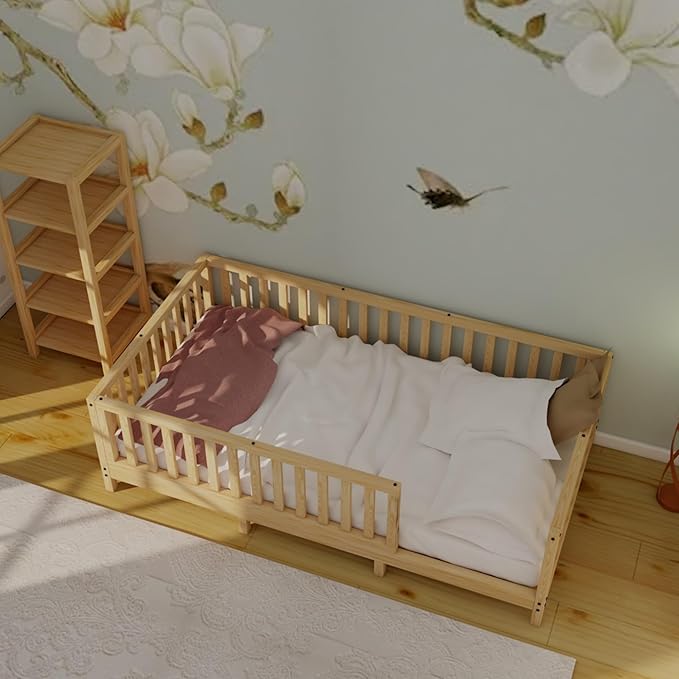 Montessori Floor Bed Designed with Open Front for Girls and Boys | Pine Wood Natural Solid Frame Beds Footed Model with Slats | Sturdy Designed Floor Bed Frame for Kids (Full, Height : 23 Inches)