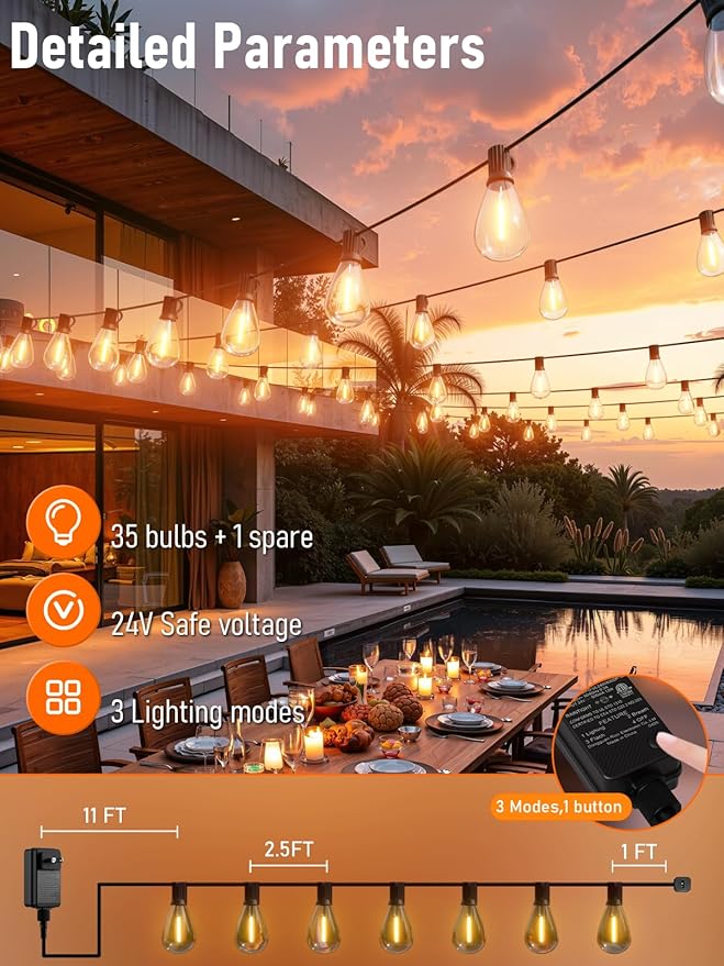 luckystyle 100FT LED Outdoor String Lights
