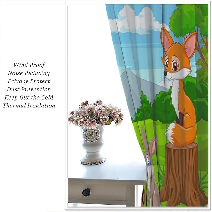 Safari Animal Curtains for Kids Cartoon Woodland Wildlife Jungle Animals Window Treatments for Boys Girls Bedroom Cute Fox Forest Nursery Children Drapes for Living Room W52xL84