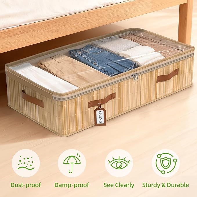 Livole Bamboo Under Bed Storage, 6 inches Underbed Storage Containers, 56L XXL Under Bed Storage Bins with Clear Lid & Label for Clothes, Blankets, Sweater, Shoes, 1 Pack