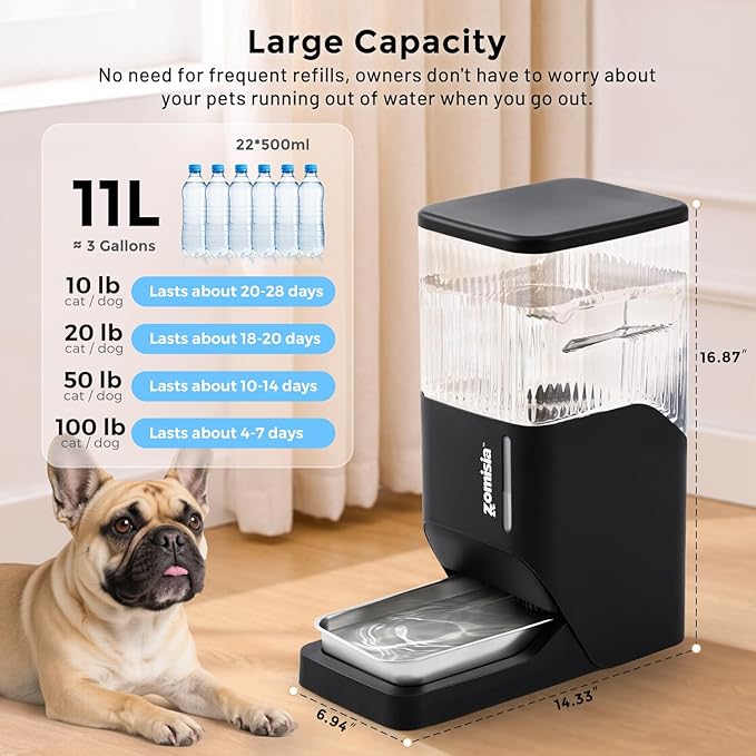 Automatic Dog Water Dispenser 11L with Stainless Steel Bowl, Gravity Extra Large Capacity Water Bowl for Large-Sized Dogs, 3 Gallon Pet Waterer 100% BPA Free, White