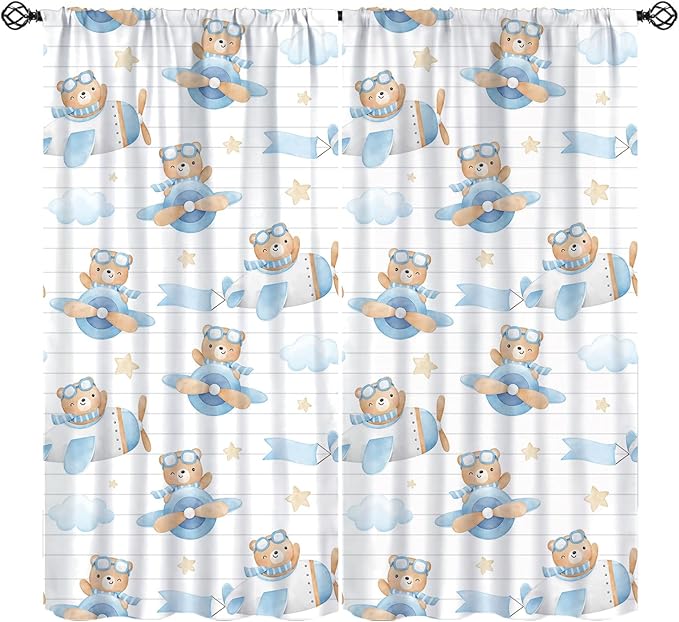 Cartoon Bear Curtains, Lovely Bear Adventure Airplane Blue White Stripe Blackout Window Treatments, Rod Pocket Thermal Insulated Drapes 2 Panel Sets for Kids Bedroom Nursery Classroom, 42"W X 45"L