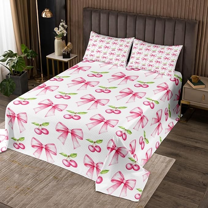 Pink Bowknot Kids Bedspread King Size,Cherry Tropical Fruit Cartoon Coverlet Set,Girls Women Room Decor,Bow Tie Butterfly Knot Princess Quilted Coverlet,Dreamy Fashion Bedding Quilt,2 Pillowcases