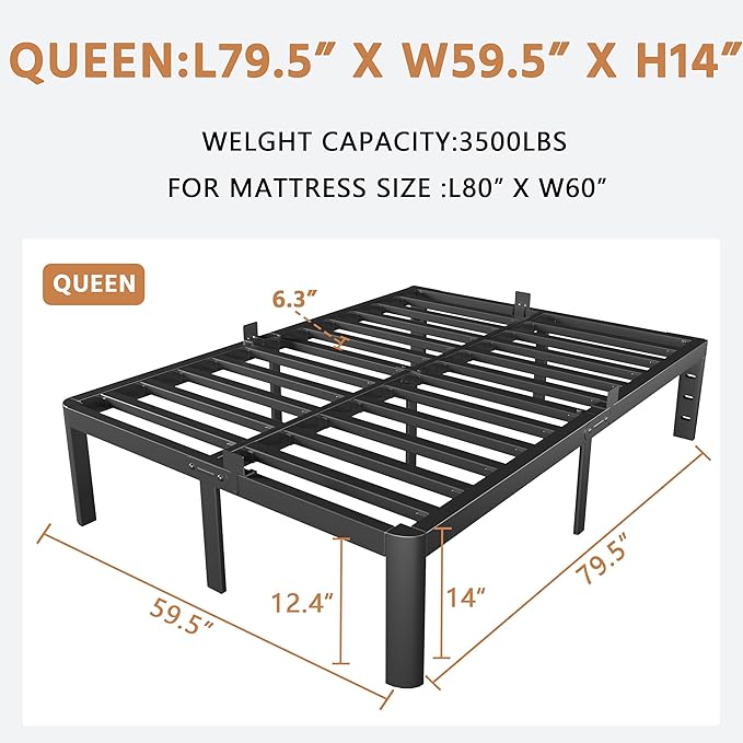 Black Bed Frame Queen Size 14 Inch, Metal Queen Bed Frame No Box Spring Needed, DIY Headboard Holes, Heavy Duty Steel Support 3500 LBS, Noiseless, Round Corner Leg, Storage Space, Easy Assembly
