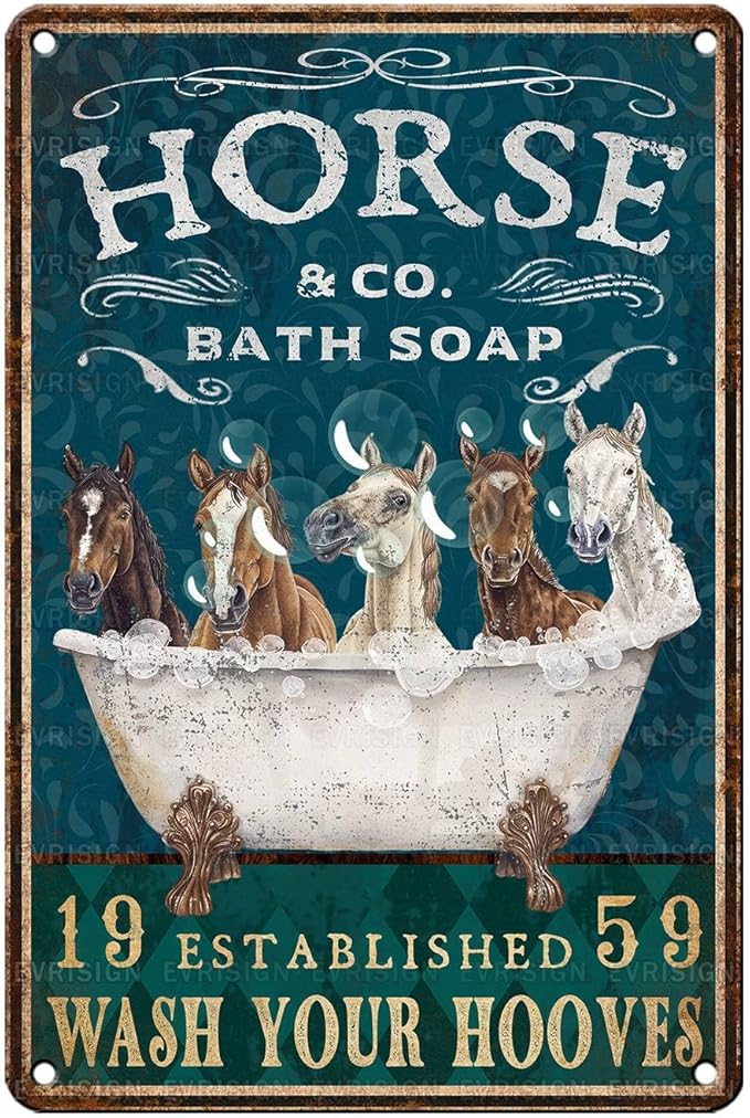 Vintage Horse Tin Sign Bathroom and Bathtub Retro Bath Soap Wash Your Hooves Metal Sign Funny Nostalgic Wall Decor Decorations for Home Farmhouse Farm Room Cafe Shop Toilet Bar 12 * 8In