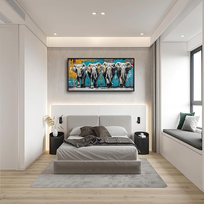 Olivine Elephant Large Wall Art, Banksy Wildlife Pictures Wall Decor, Graffiti Elephant Painting, Teal Canvas Prints, Framed Artwork for Dining Room Living Room Bedroom Bathroom Office Home 60"x30"