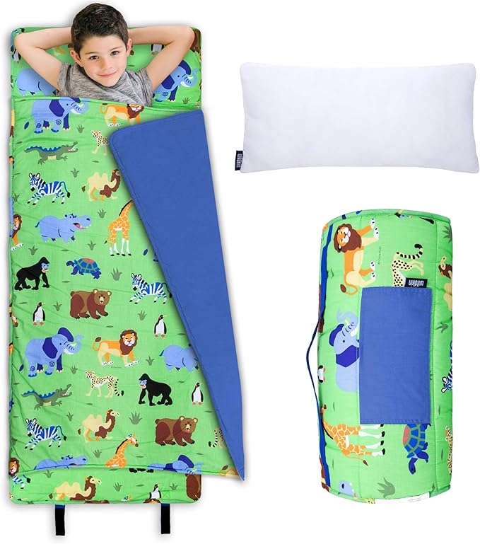 Wildkin Kids Original Nap Mat – Cozy Kids Sleep Mat with Pillow, Ideal for School & Travel - Wild Animals