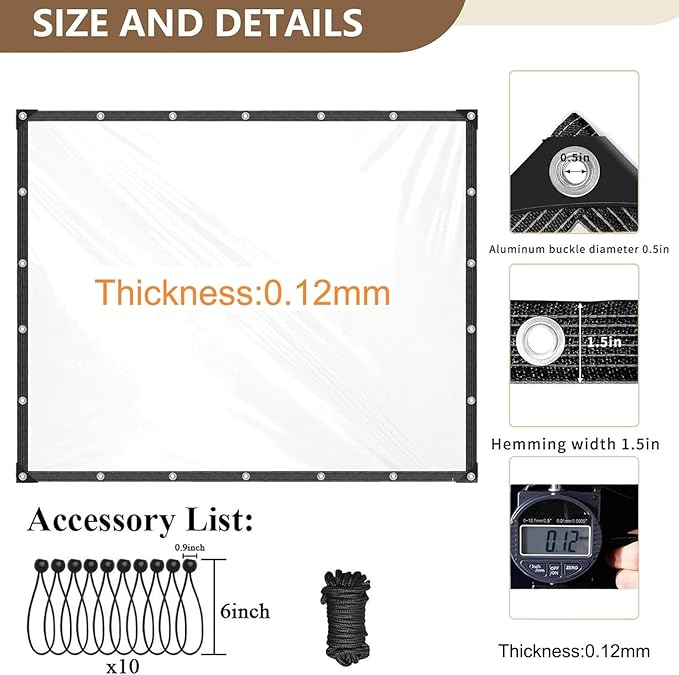 3x23 FT Heavy Duty Clear Waterproof Tarp, Transparent Vinyl Tarpaulin with Reinforced Grommets for Outdoor Garden Greenhouse, Patio, Porch, Chicken Coop, Camping Cover