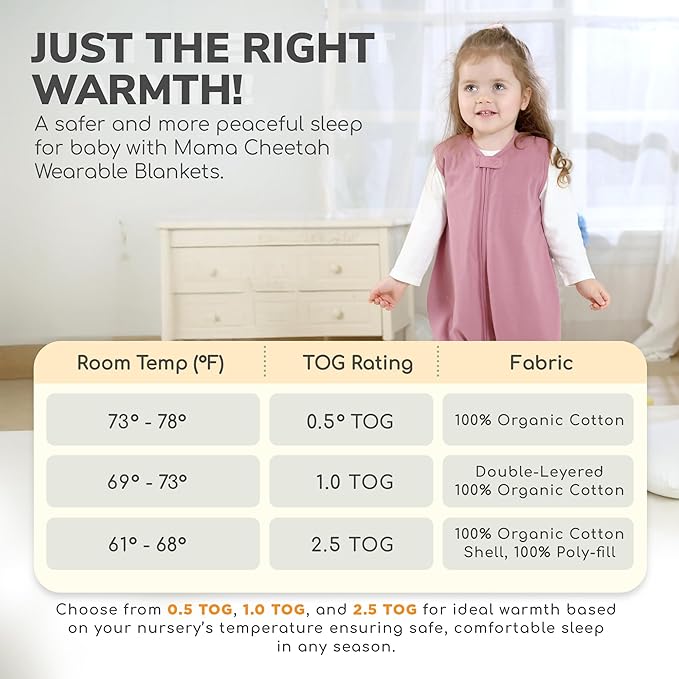 Mama Cheetah Toddler Sleep Sack with Feet, 6-18 Month, 2.5 TOG Organic Cotton Baby Sleeping Bag with Legs, Baby Wearable Blankets for Walkers w/ 2-Way Zipper, Baby Sleep Sack for Girls & Boys, Small